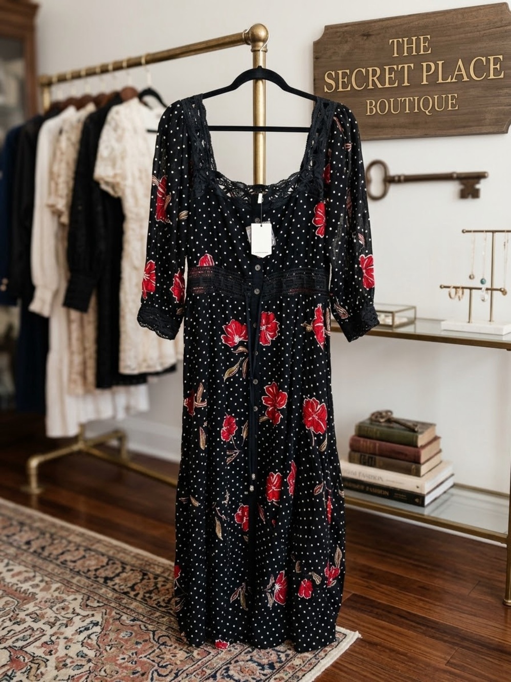 Free people morning meadows dress
Black Floral Midi Dress with Red Bloom Print